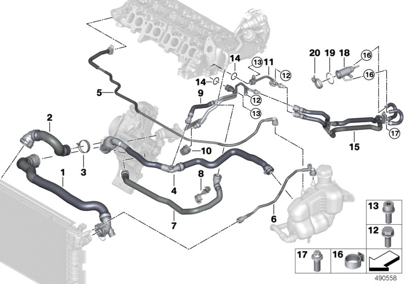 Шланги системы охлаждения для BMW F45N 220d B47D (схема запчастей)