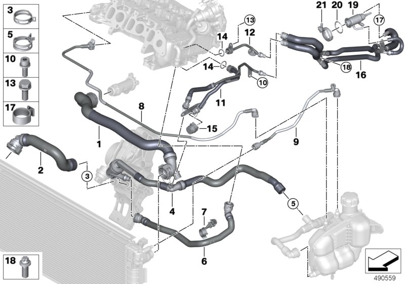 Шланги системы охлаждения для BMW F60 One D B37B (схема запчастей)
