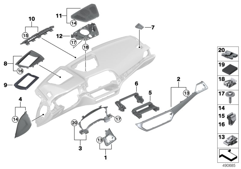 Доп.элементы панели приборов Вх для BMW G21 330i B48D (схема запчастей)
