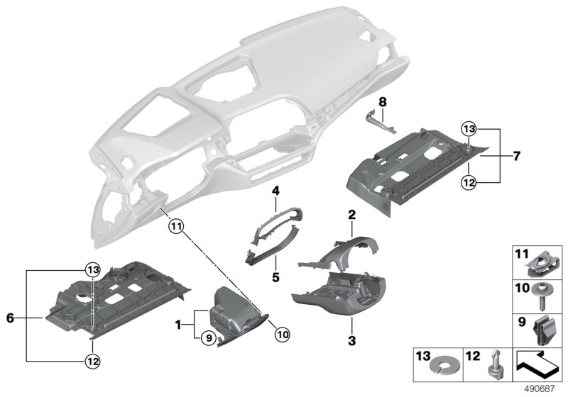 Доп.элементы панели приборов Нж. для BMW G21 330i B48D (схема запчастей)