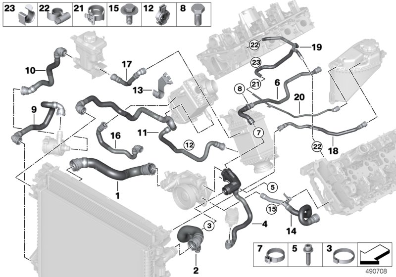 Шланги системы охлаждения для BMW G07 X7 50iX N63M (схема запчастей)
