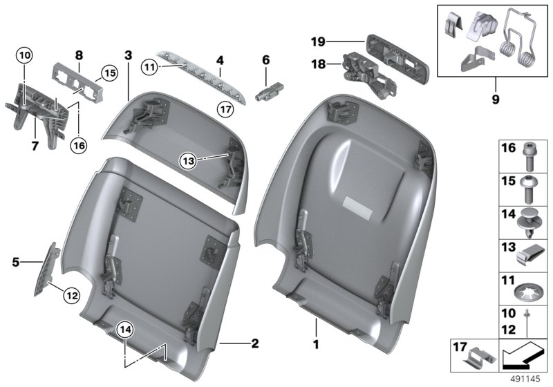 Накладки спинки переднего сиденья для BMW G05 X5 45eX B58X (схема запчастей)