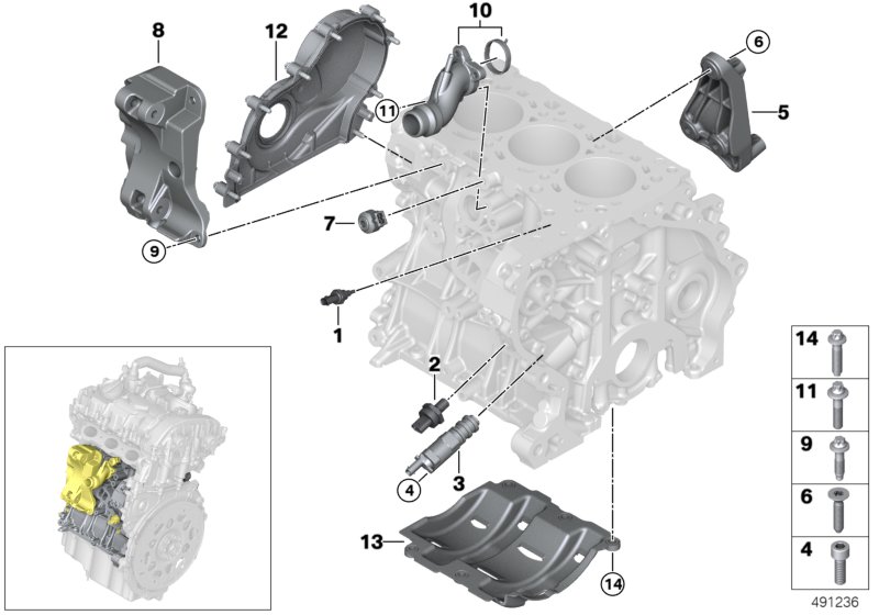 Блок цилиндров/дополнительные элементы для BMW I15 i8 B38X (схема запчастей)