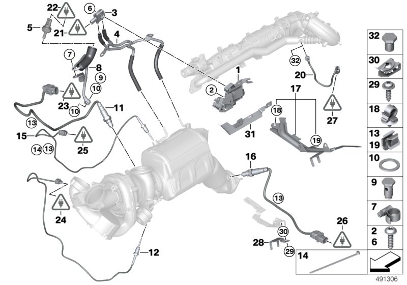 Датчики саж. фильтра/дополн.элементы для BMW F10 535d N57Z (схема запчастей)