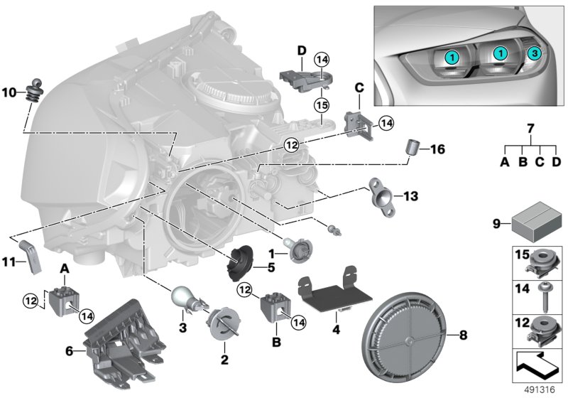 Детали галогенной фары для BMW F39 X2 18dX B47 (схема запчастей)