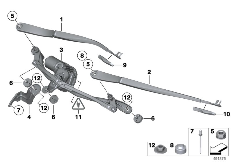 Детали стеклоочистителя (RHD) для BMW F11N 530d N57N (схема запчастей)