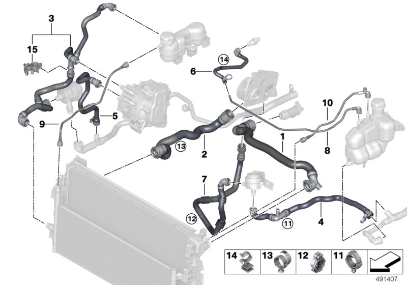 Шланги системы охлаждения для BMW F45N 225xe B38X (схема запчастей)