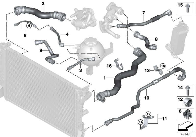 Шланги системы охлаждения для BMW G15 840dX B57 (схема запчастей)