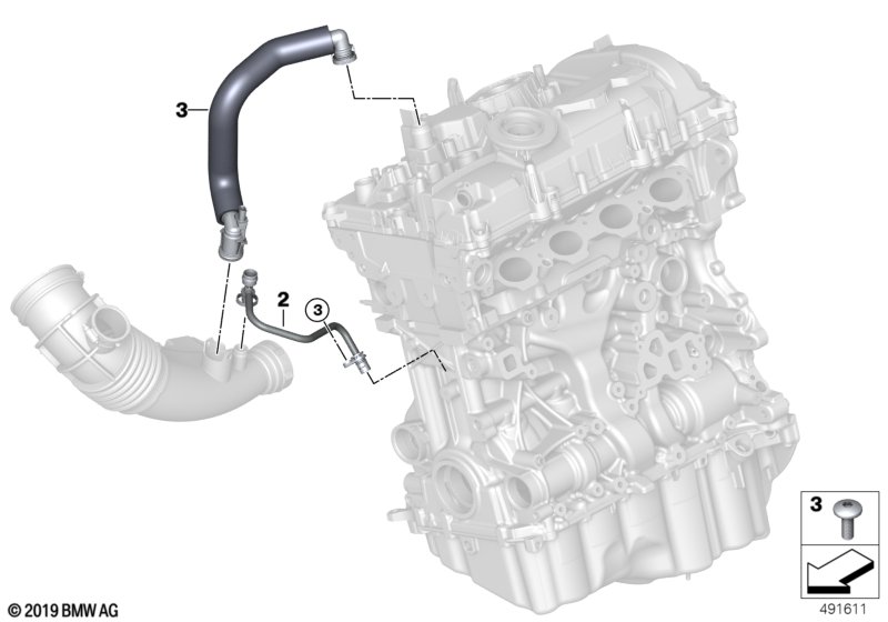 Система вентиляции картера для BMW G31 520i B48D (схема запчастей)