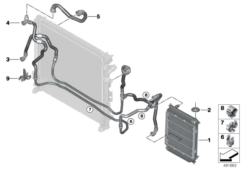 вынесенный радиатор ОЖ для BMW G07 X7 50iX N63M (схема запчастей)