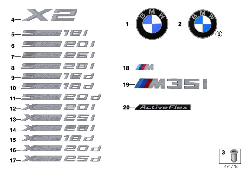 Эмблемы / надписи для BMW F39 X2 20iX B48C (схема запчастей)