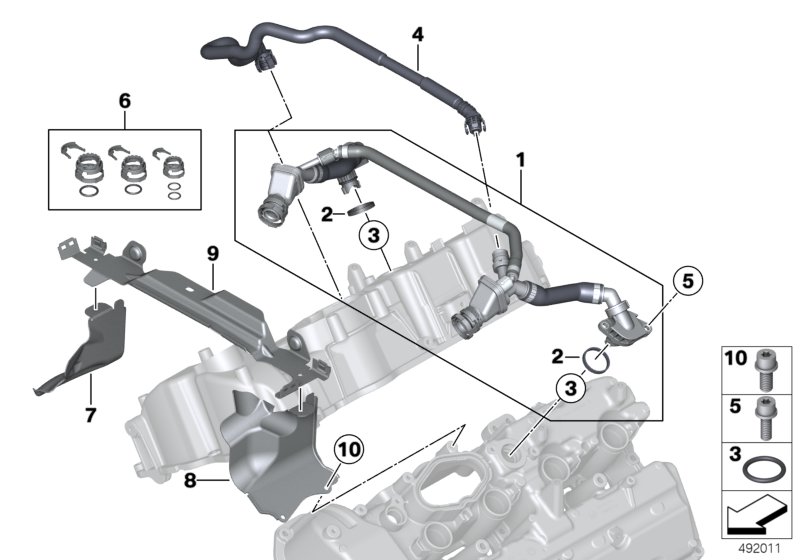 Система вентиляции картера для BMW F07N 550iX 4.0 N63N (схема запчастей)