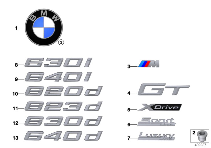 Эмблемы / надписи для BMW G32 640i B58C (схема запчастей)