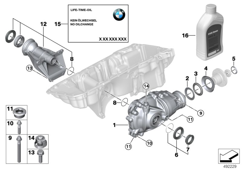 Редуктор переднего моста 170AL для BMW G16 840dX B57 (схема запчастей)