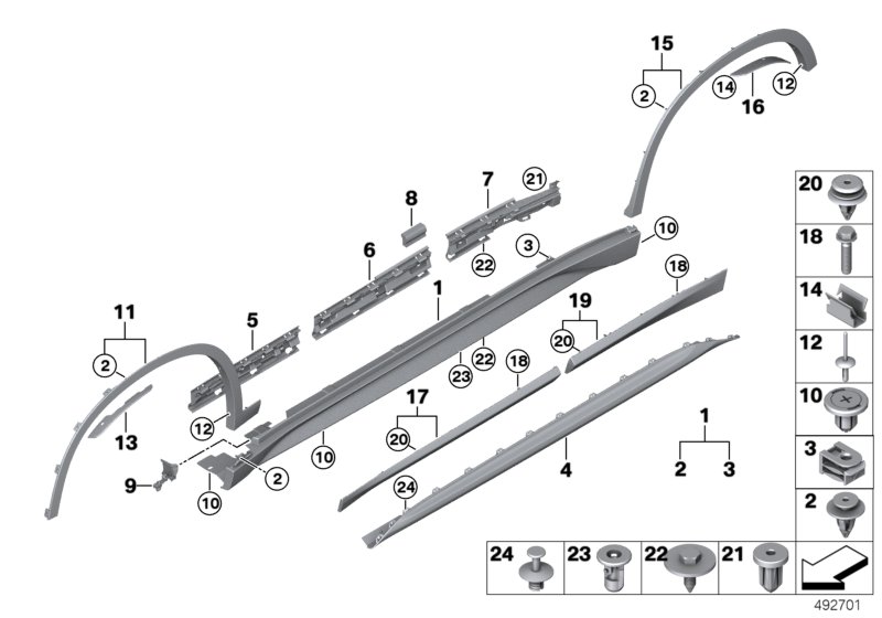 Накладка порог / арка колеса для BMW F48 X1 18i B38C (схема запчастей)