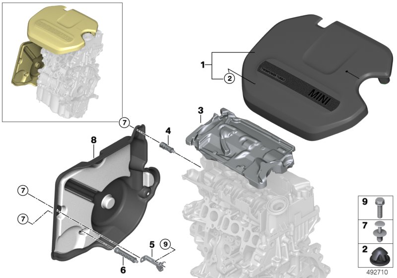 Звукоизоляционный кожух двигателя для BMW F56 One D B37A (схема запчастей)