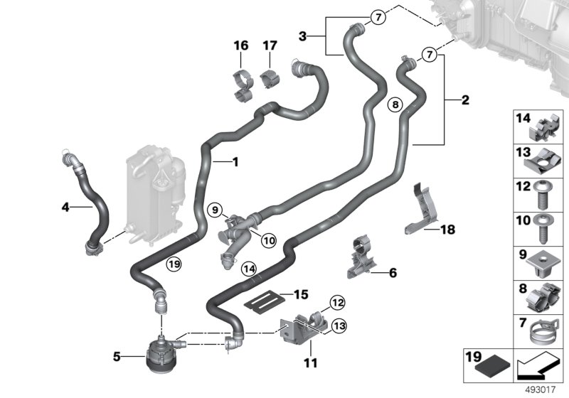 Шланги охлаждающей жидкости для BMW G32 630i B48D (схема запчастей)