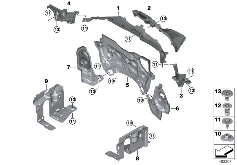 Дополнительные элементы моторного отсека для BMW G07 X7 30dX B57 (схема запчастей)