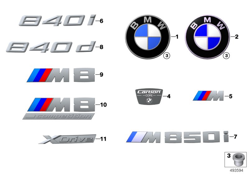 Эмблемы / надписи для BMW G16 840dX B57 (схема запчастей)