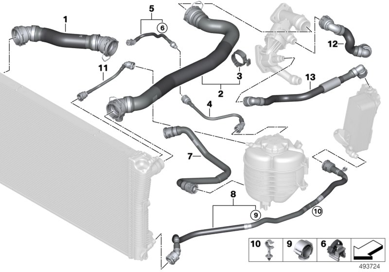 Шланги системы охлаждения для BMW G20 330dX B57 (схема запчастей)