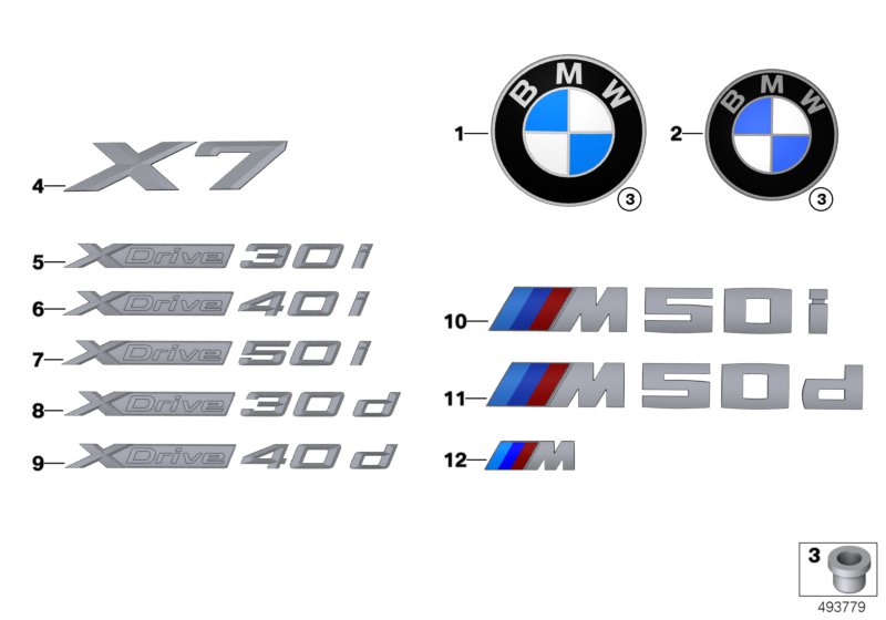 Эмблемы / надписи для BMW G07 X7 M50iX N63B (схема запчастей)