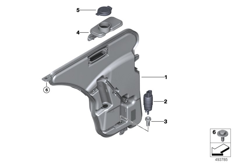 Детали бачка стеклоомывателя для BMW G14 M850iX N63B (схема запчастей)