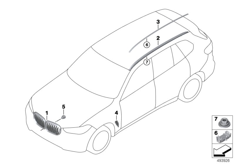 Наружные накладки / декоративные решетки для BMW G05 X5 25dX B47F (схема запчастей)