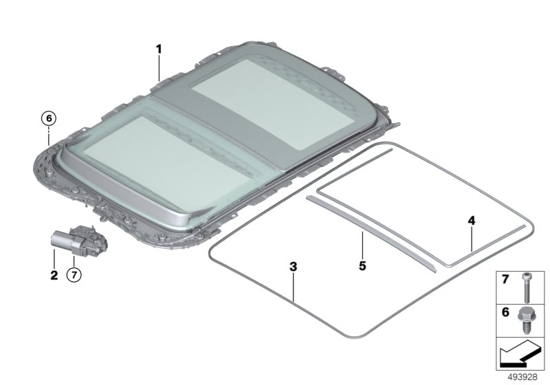 Панорамная крыша с электроприводом для BMW F55 One First B38 (схема запчастей)
