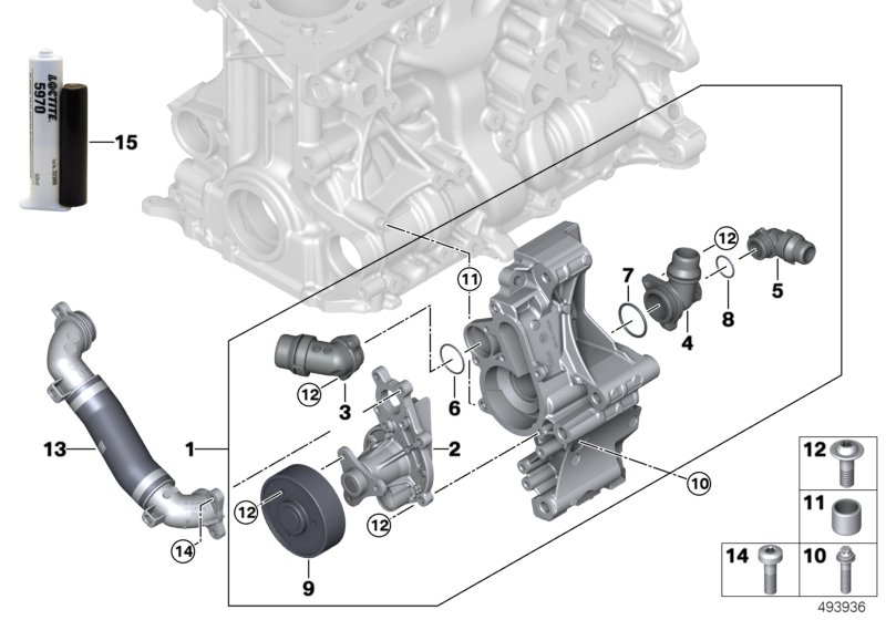 Система охлаждения-насос ОЖ для BMW G21 330i B48D (схема запчастей)