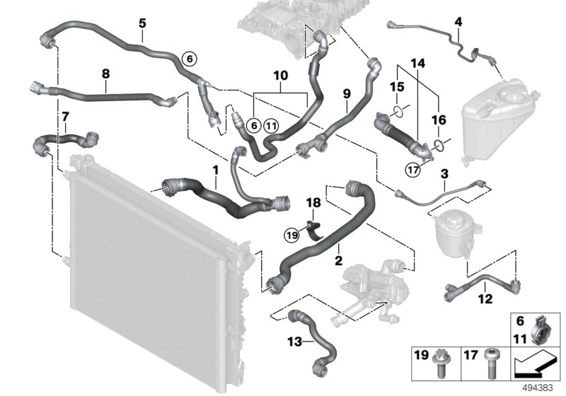 Шланги системы охлаждения для BMW G32 630iX B58C (схема запчастей)