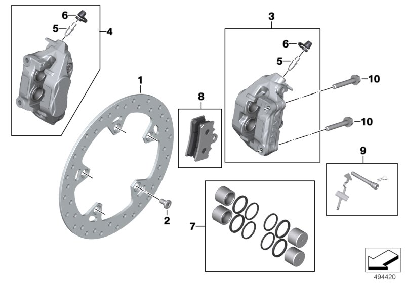 Тормозной механизм переднего колеса для BMW K09 C 400 X (0C09, 0C19) 0 (схема запчастей)