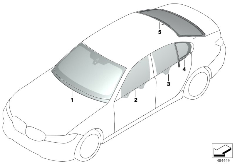 Остекление для BMW G20 320i B48C (схема запчастей)