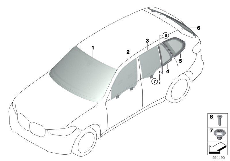Остекление для BMW G06 X6 M50iX N63B (схема запчастей)