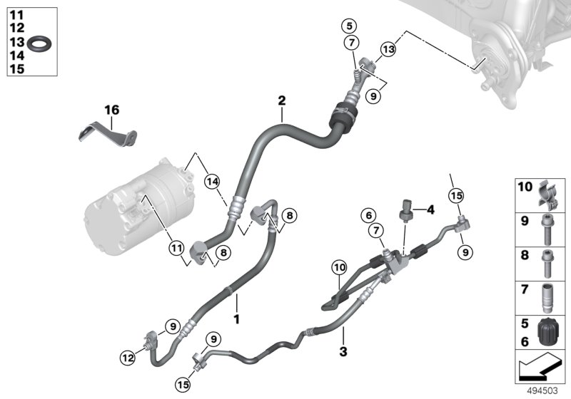 Трубопроводы хладагента для BMW F30 Hybrid 3 N55 (схема запчастей)