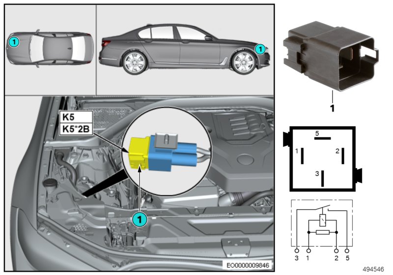 Реле электровентилятора двигателя K5 для BMW G21 318d B47B (схема запчастей)