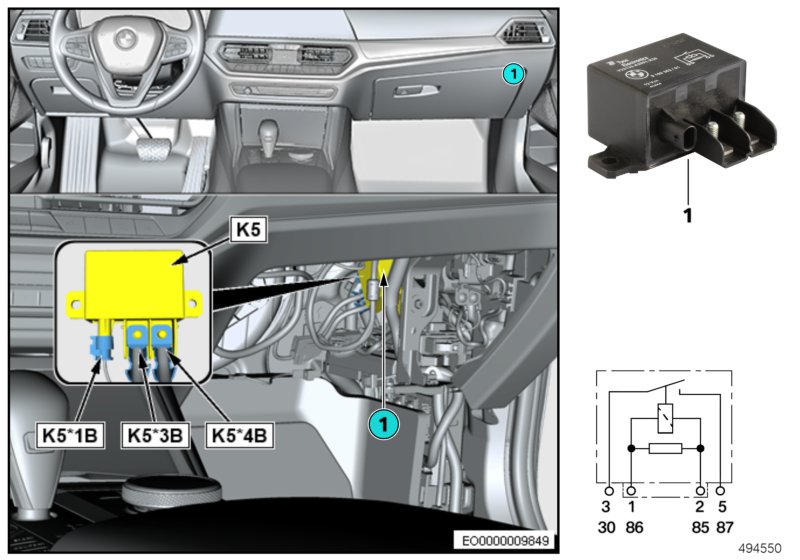 Реле эл.вентил.двигателя 850 Вт K5 для BMW G20 318d B47B (схема запчастей)