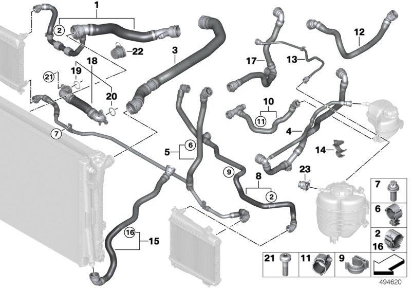 Шланги системы охлаждения для BMW G29 Z4 M40i B58C (схема запчастей)