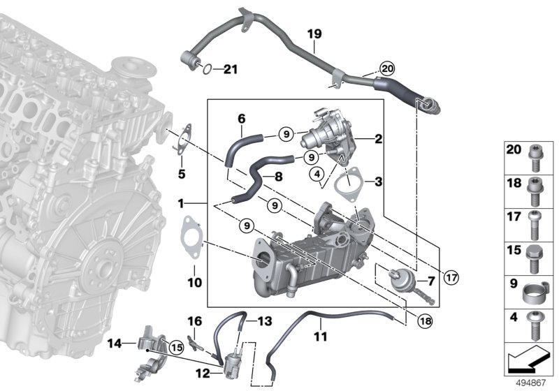 Система нейтрализации ОГ, охлаждение для BMW F60 Cooper SD B47D (схема запчастей)
