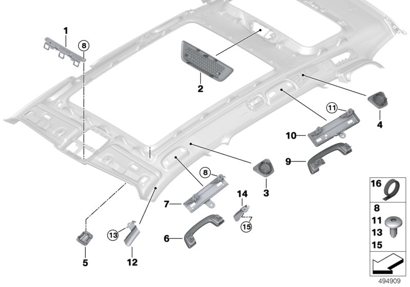 Доп.элементы потолка для BMW G07 X7 30dX B57 (схема запчастей)