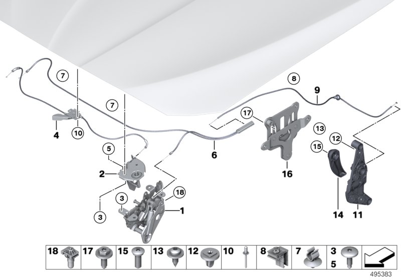 Система замков капота для BMW F10N 520dX N47N (схема запчастей)