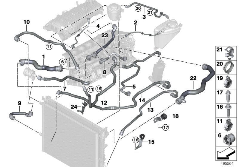 Шланги системы охлаждения для BMW G32 640i B58 (схема запчастей)