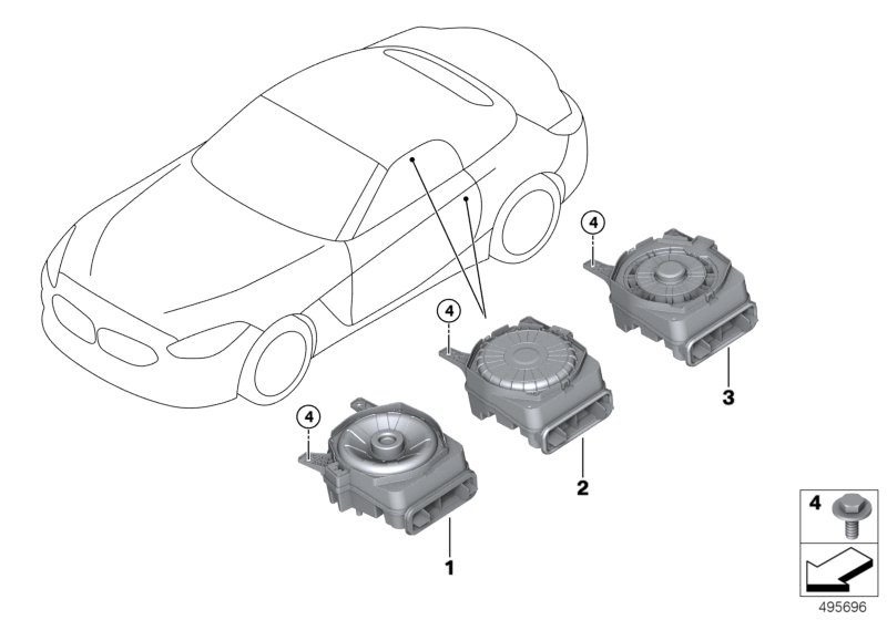 Детали центрального НЧ-динамика для BMW G29 Z4 30i B48D (схема запчастей)