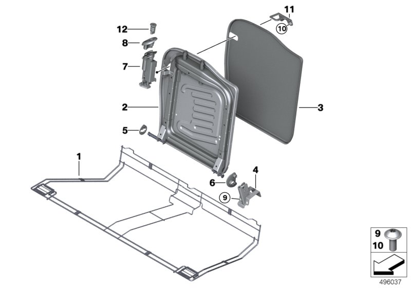 Каркас подушки зад.сид.с люком в спинке для BMW R57N Cooper S N18 (схема запчастей)