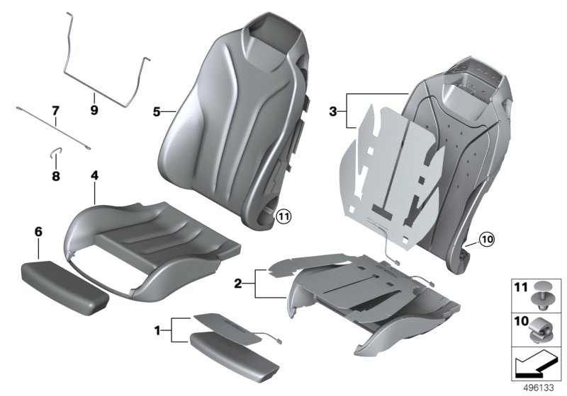 Набивка и обивка спортивного пер.сиденья для BMW F33 440iX B58 (схема запчастей)