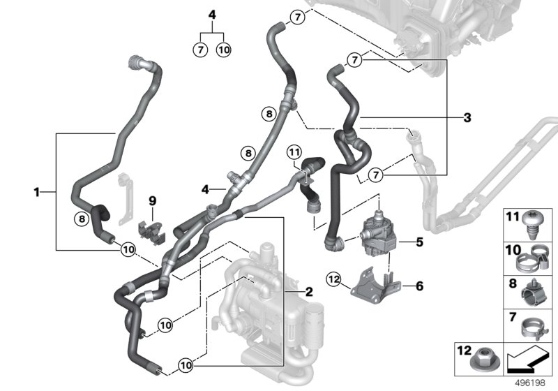 Шланги ОЖ автономной системы отопления для BMW G07 X7 40iX B58C (схема запчастей)