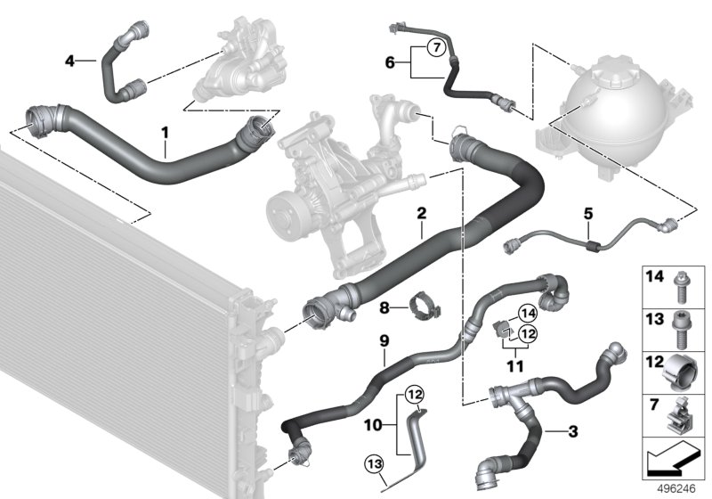 Шланги системы охлаждения для BMW G02 X4 20dX B47D (схема запчастей)