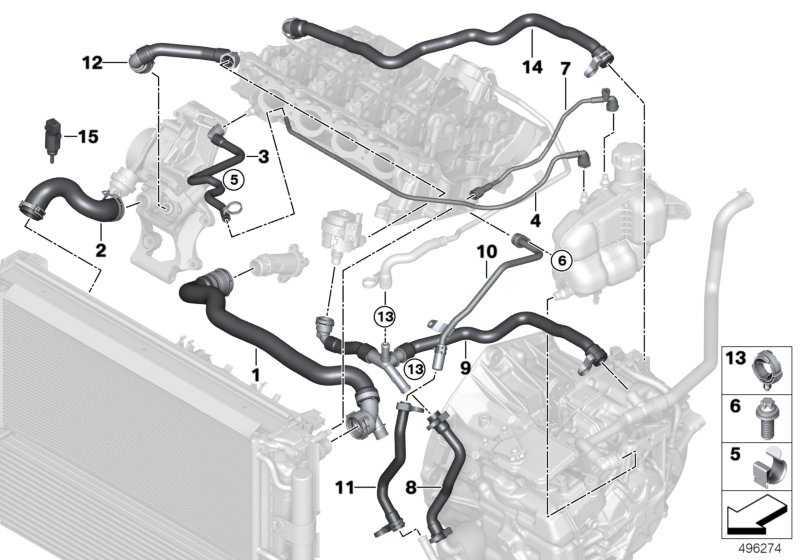 Шланги системы охлаждения для BMW F54 One B38 (схема запчастей)