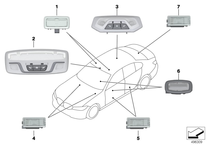 Светильники освещения салона для BMW G20 320i 1.6 B48 (схема запчастей)