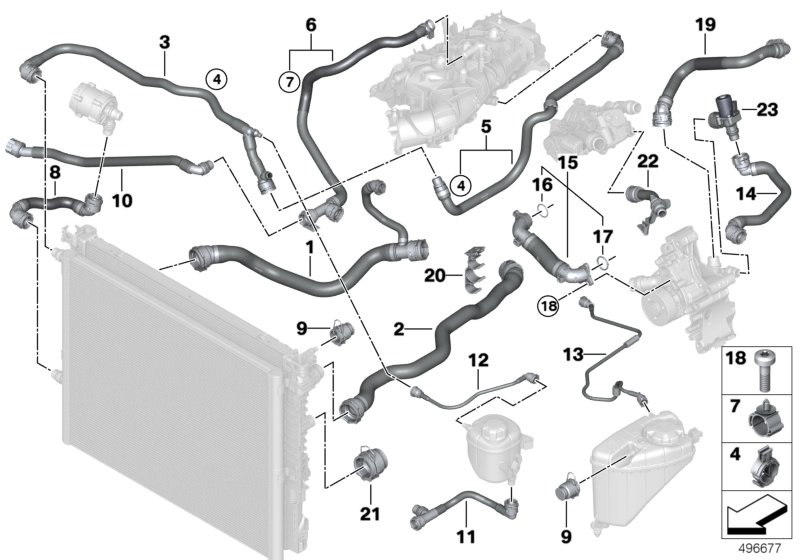 Шланги системы охлаждения для BMW G30 530iX B48D (схема запчастей)