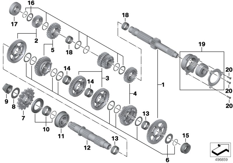 Валы коробки передач для BMW K67 S 1000 RR 19 (0E21, 0E23) 0 (схема запчастей)